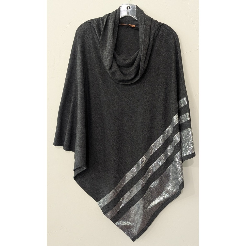 Belldini Women's Cowl Neck Asymmetrical Poncho Size 0X/1X Gray W/Silver Sequinsโ